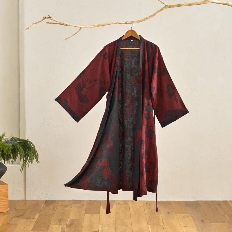 Purefair 100% Cotton Gauze Ginkgo Leaf Kimono Robe, Long Knit Loose Bathrobe Nightgown Ladies Loungewear Sleepwear for Women - Image 2
