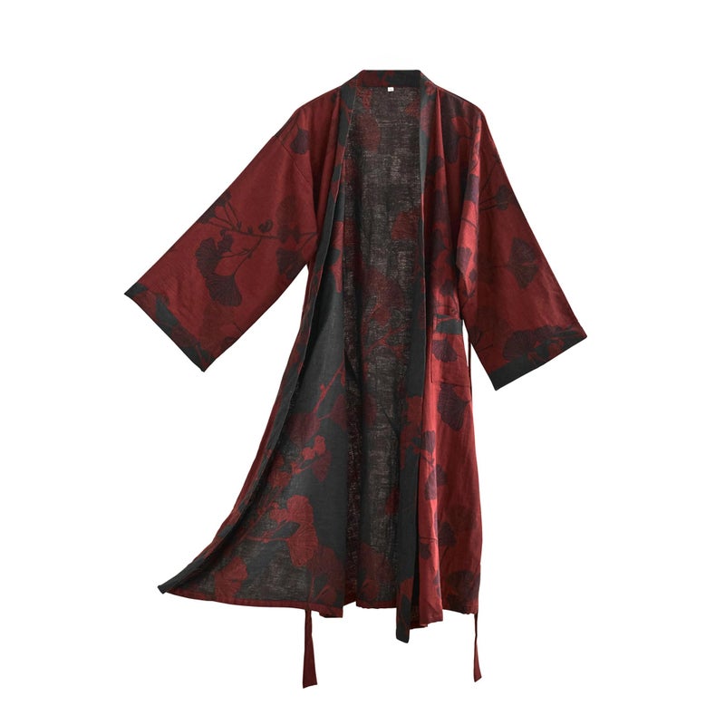 Purefair 100% Cotton Gauze Ginkgo Leaf Kimono Robe, Long Knit Loose Bathrobe Nightgown Ladies Loungewear Sleepwear for Women - Image 1