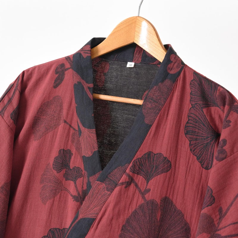 Purefair 100% Cotton Gauze Ginkgo Leaf Kimono Robe, Long Knit Loose Bathrobe Nightgown Ladies Loungewear Sleepwear for Women - Image 3