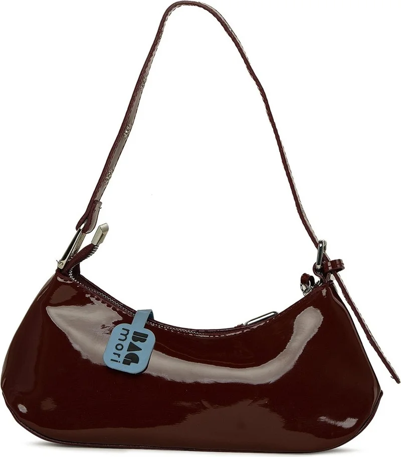 Bagmori Burgundy Patent Leather Baguette Bag with Belt Accessory and Strap Detail