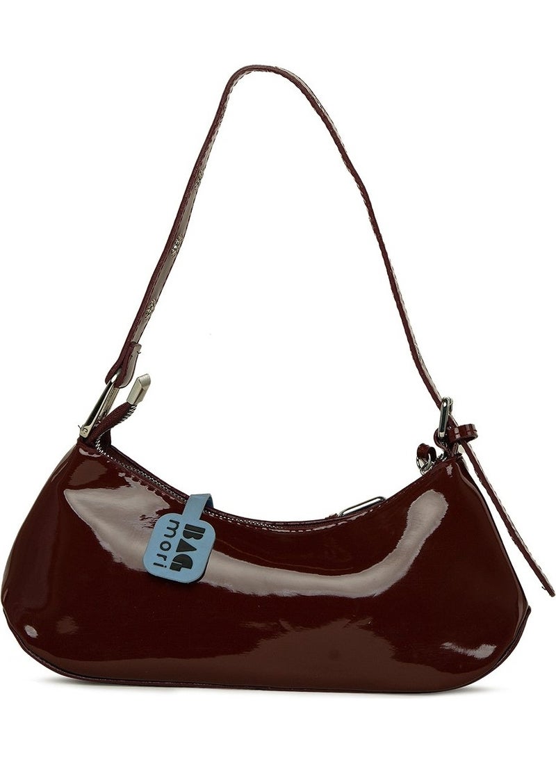 Bagmori Burgundy Patent Leather Baguette Bag with Belt Accessory and Strap Detail  - Image 3