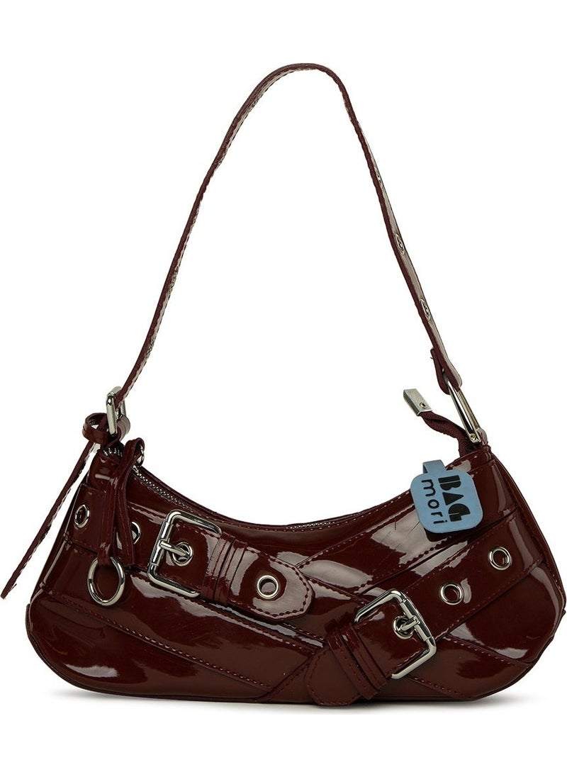 Bagmori Burgundy Patent Leather Baguette Bag with Belt Accessory and Strap Detail  - Image 1