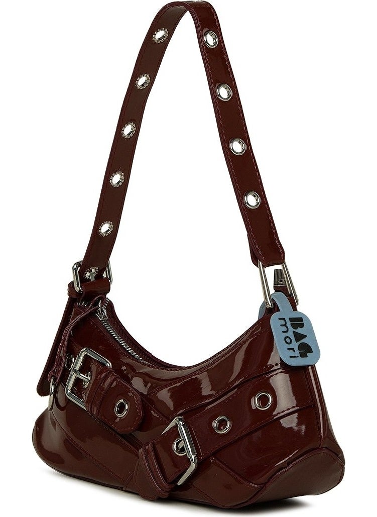 Bagmori Burgundy Patent Leather Baguette Bag with Belt Accessory and Strap Detail  - Image 2