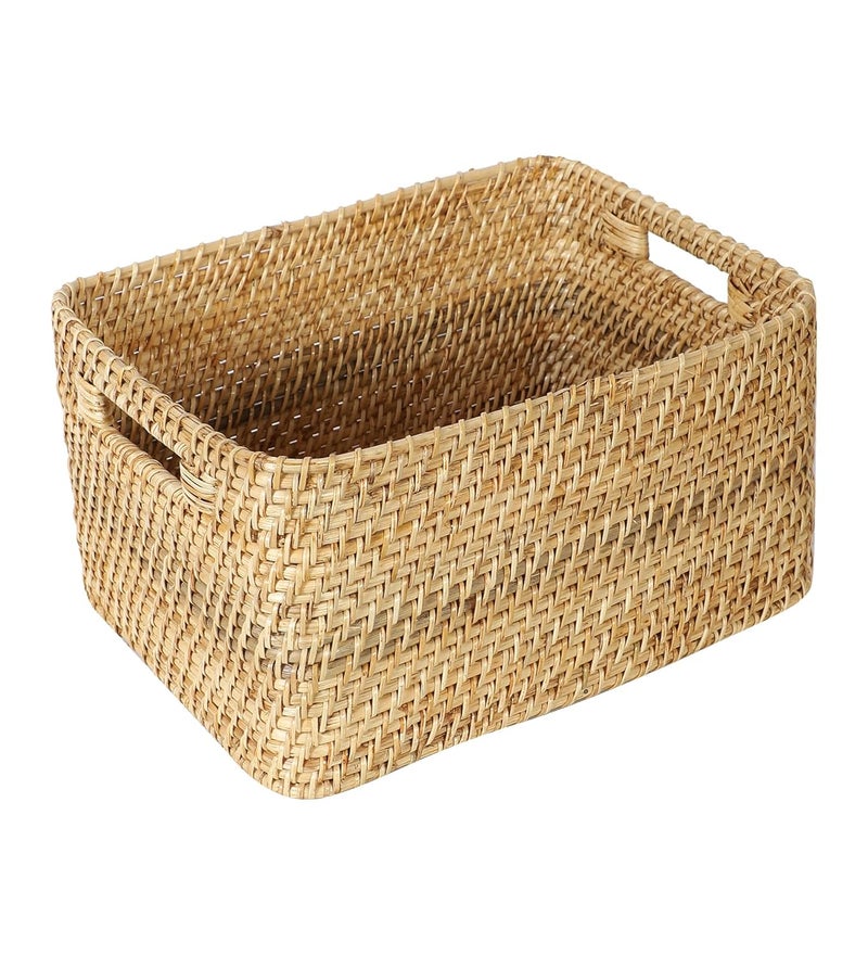 Akway AKWAY Handmade Wicker Basket for Cloth, Storage Basket, Bin Organizer for Toiletry Cosmetic Towels Toys Bathroom Organizer Bamboo Wicker Basket (14 L x 11 W x 8 H, Beige)  - Image 3