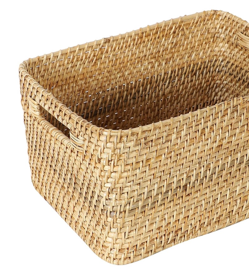 Akway AKWAY Handmade Wicker Basket for Cloth, Storage Basket, Bin Organizer for Toiletry Cosmetic Towels Toys Bathroom Organizer Bamboo Wicker Basket (14 L x 11 W x 8 H, Beige)  - Image 4