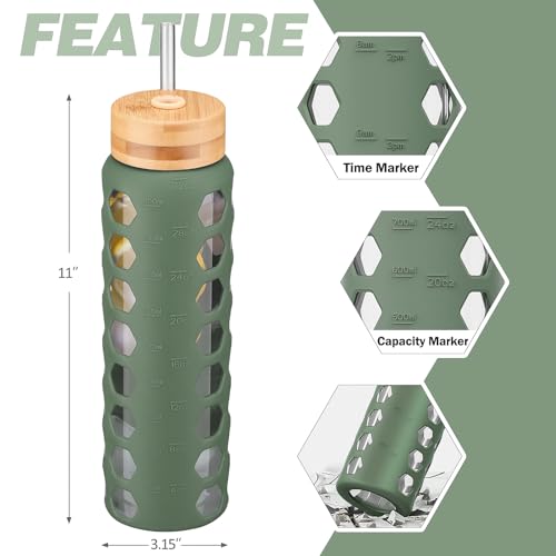MUKOKO Glass Water Bottles, 32oz Glass Tumbler with Straw, Drinking Bottles with 2 Lids-Handle Spout Lid&Bamboo Straw Lid, Motivational Water Bottle with Time Marker and Silicone Sleeve, 1 Pack-Olive - Image 3