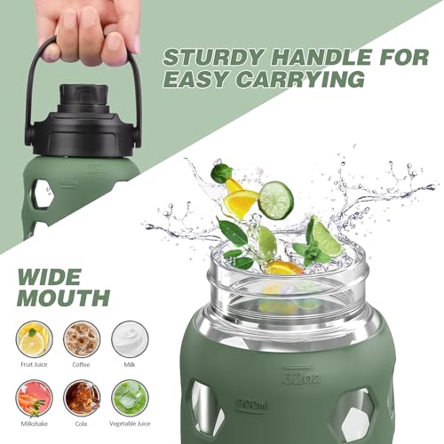 MUKOKO Glass Water Bottles, 32oz Glass Tumbler with Straw, Drinking Bottles with 2 Lids-Handle Spout Lid&Bamboo Straw Lid, Motivational Water Bottle with Time Marker and Silicone Sleeve, 1 Pack-Olive - Image 5