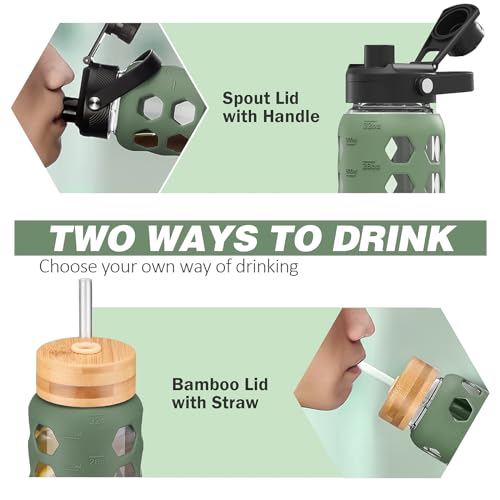 MUKOKO Glass Water Bottles, 32oz Glass Tumbler with Straw, Drinking Bottles with 2 Lids-Handle Spout Lid&Bamboo Straw Lid, Motivational Water Bottle with Time Marker and Silicone Sleeve, 1 Pack-Olive - Image 2