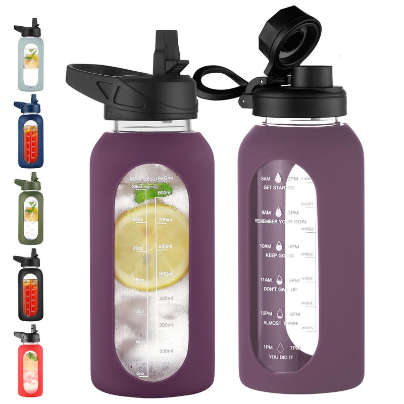 CIVAGO 40 oz Glass Water Bottle with Straw and Handle, Large Sports Motivational Water Bottle Flask with Time Marker and 2 Lids, Leakproof Water Jug Canteen with Silicone Sleeve for Gym,Mauve - Image 1