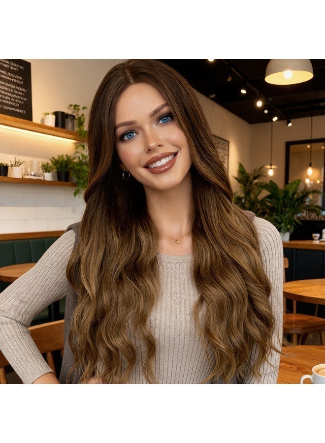 Joudi Women's long, gradient brown blonde wig with highlights, curly waves, women's human hair brown wig, women's wavy wig, long, heat-resistant wig, suitable for everyday wear and parties. - Image 4
