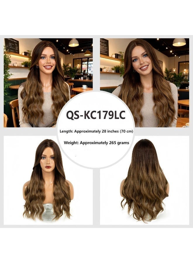 Joudi Women's long, gradient brown blonde wig with highlights, curly waves, women's human hair brown wig, women's wavy wig, long, heat-resistant wig, suitable for everyday wear and parties. - Image 3