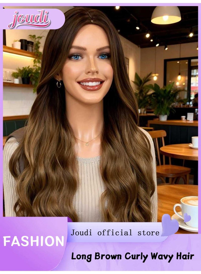 Joudi Women's long, gradient brown blonde wig with highlights, curly waves, women's human hair brown wig, women's wavy wig, long, heat-resistant wig, suitable for everyday wear and parties. - Image 1