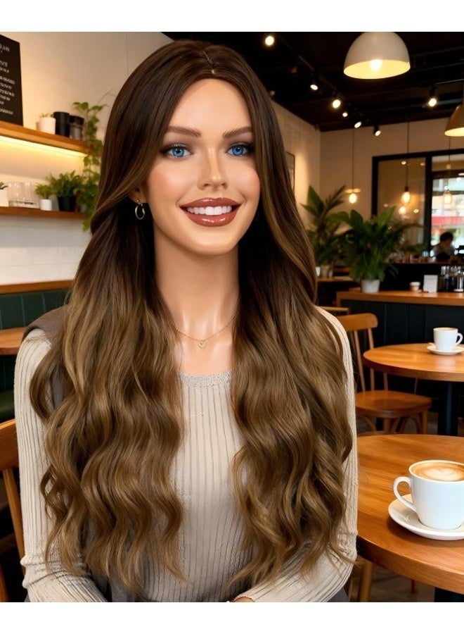 Joudi Women's long, gradient brown blonde wig with highlights, curly waves, women's human hair brown wig, women's wavy wig, long, heat-resistant wig, suitable for everyday wear and parties. - Image 2