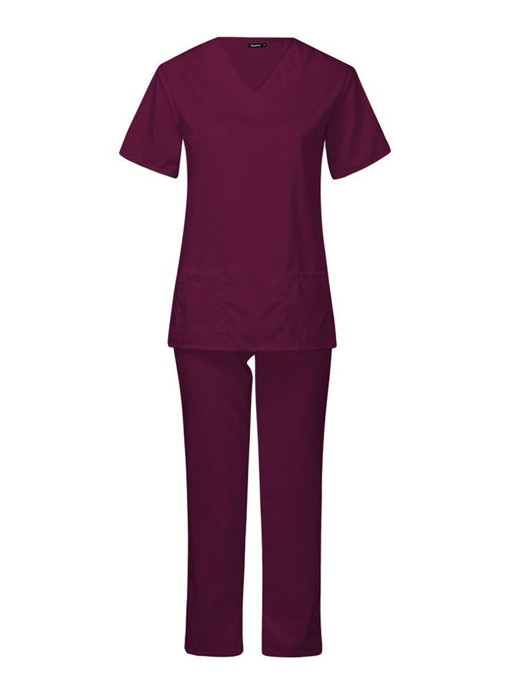 Loquat Medical Uniform Scrubs Set Fast Dry V-Neck Top and Loose Pants Suit Wine Red - Image 1