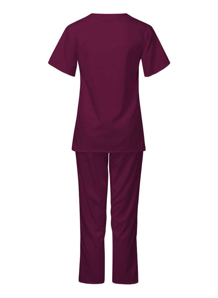 Loquat Medical Uniform Scrubs Set Fast Dry V-Neck Top and Loose Pants Suit Wine Red - Image 2