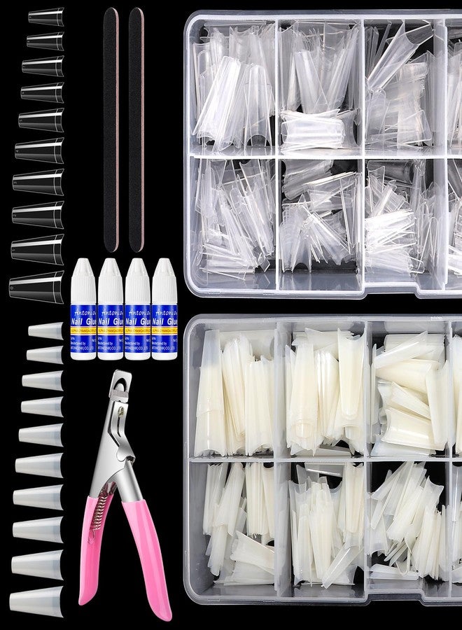 Yokilly 1000PCS Coffin Nail Tips and Glue, Clear Natural False Acrylic Nail Tips, Half Cover 10 Sizes French Artificial Nail Tips Manicure with Nail Clipper, Nail Files and Glue for Dip Powder - Image 1