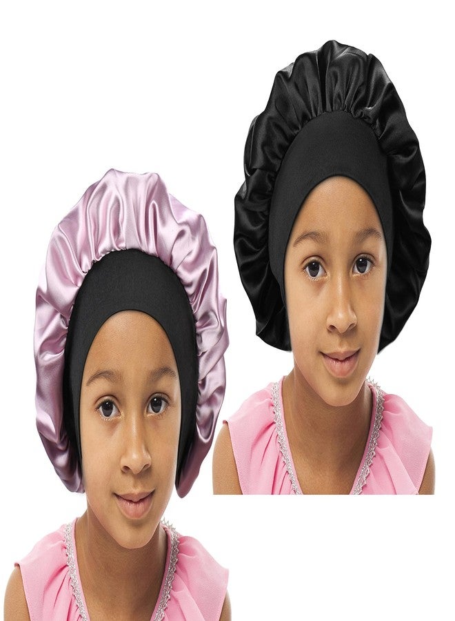 SENGTERM Kids Satin Bonnet Double Layer Wide Elastic Band Sleep Cap Hair Bonnet Silky Night Cap for Toddler Child (Kids Black&Pink) - Image 1