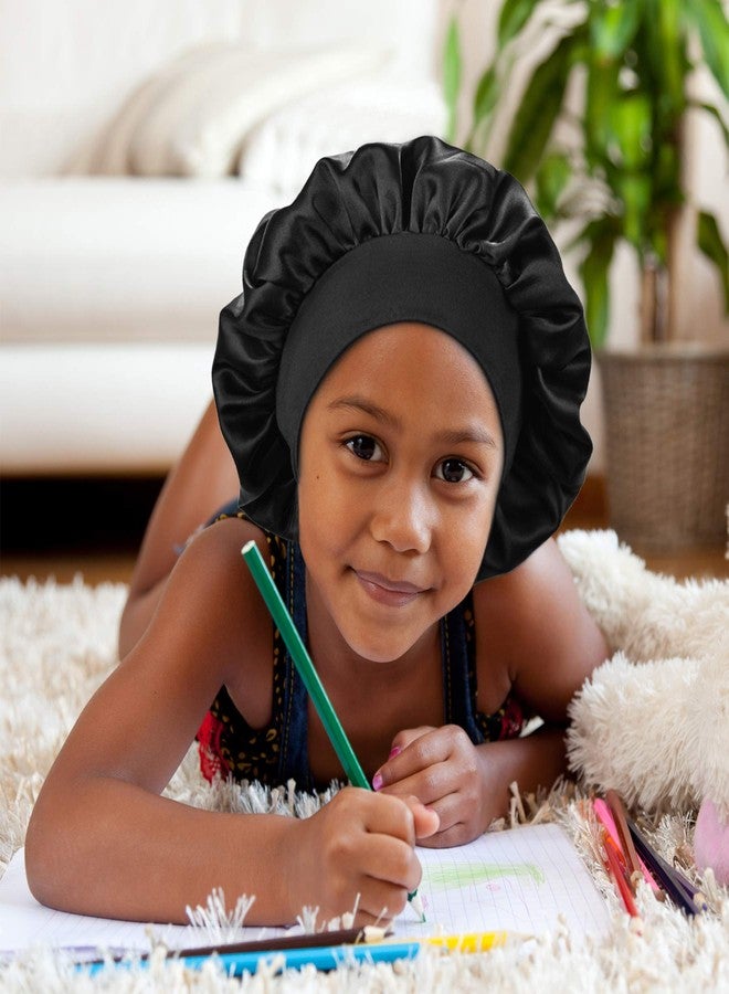 SENGTERM Kids Satin Bonnet Double Layer Wide Elastic Band Sleep Cap Hair Bonnet Silky Night Cap for Toddler Child (Kids Black&Pink) - Image 4
