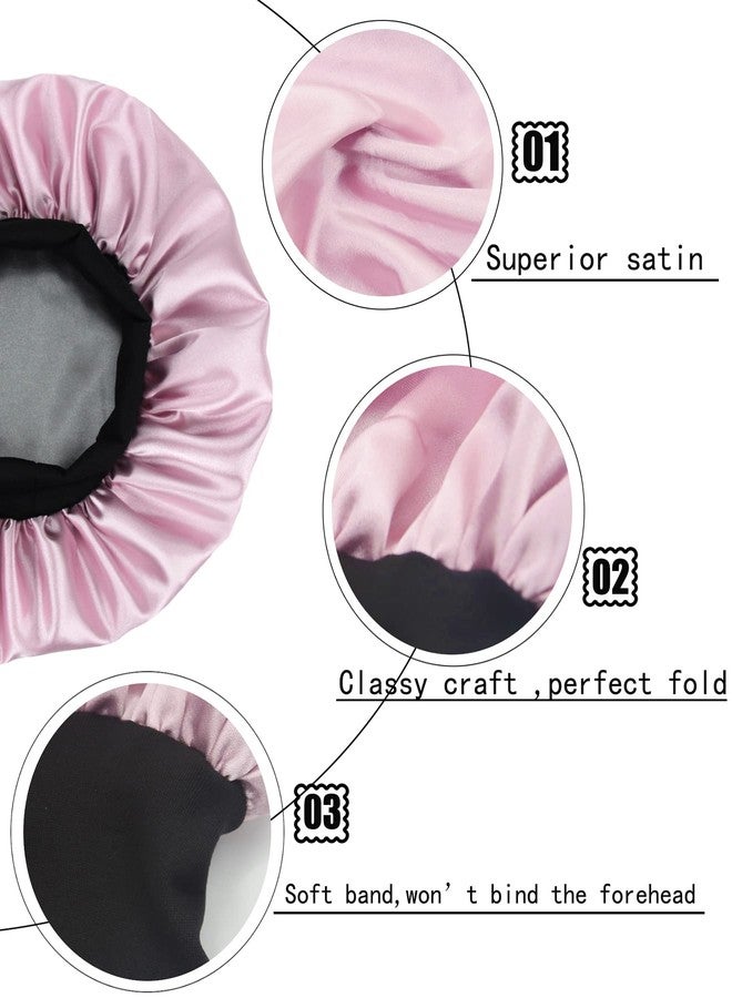 SENGTERM Kids Satin Bonnet Double Layer Wide Elastic Band Sleep Cap Hair Bonnet Silky Night Cap for Toddler Child (Kids Black&Pink) - Image 3