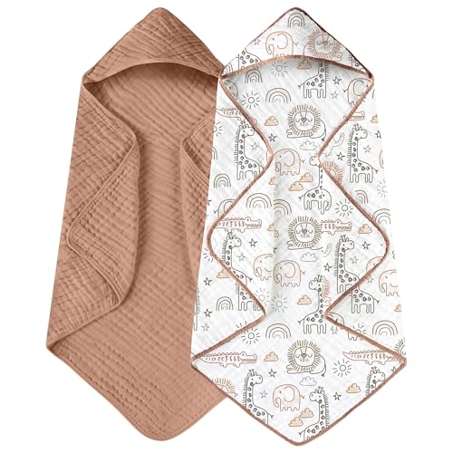 Yoofoss Hooded Baby Towels for Newborn 2 Pack 100 Muslin Organic Cotton Baby Bath Towel with Hood for Babies Infant Toddler and Kids 32x32Inch Soft and Absorbent Newborn Essential Giraffe - Image 1