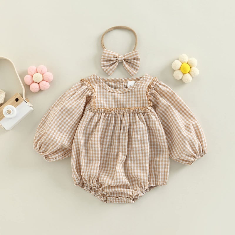 Douhoow Infant Baby Girl Plaid Romper Baby Sweatshirt Romper Ruffle Festival Clothes Fall Winter Outfits with Headband (Khaki plaid, 0-3 Months) - Image 2