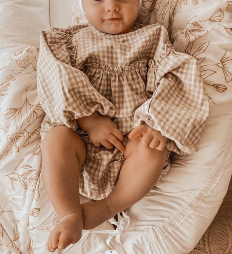 Douhoow Infant Baby Girl Plaid Romper Baby Sweatshirt Romper Ruffle Festival Clothes Fall Winter Outfits with Headband (Khaki plaid, 0-3 Months) - Image 3
