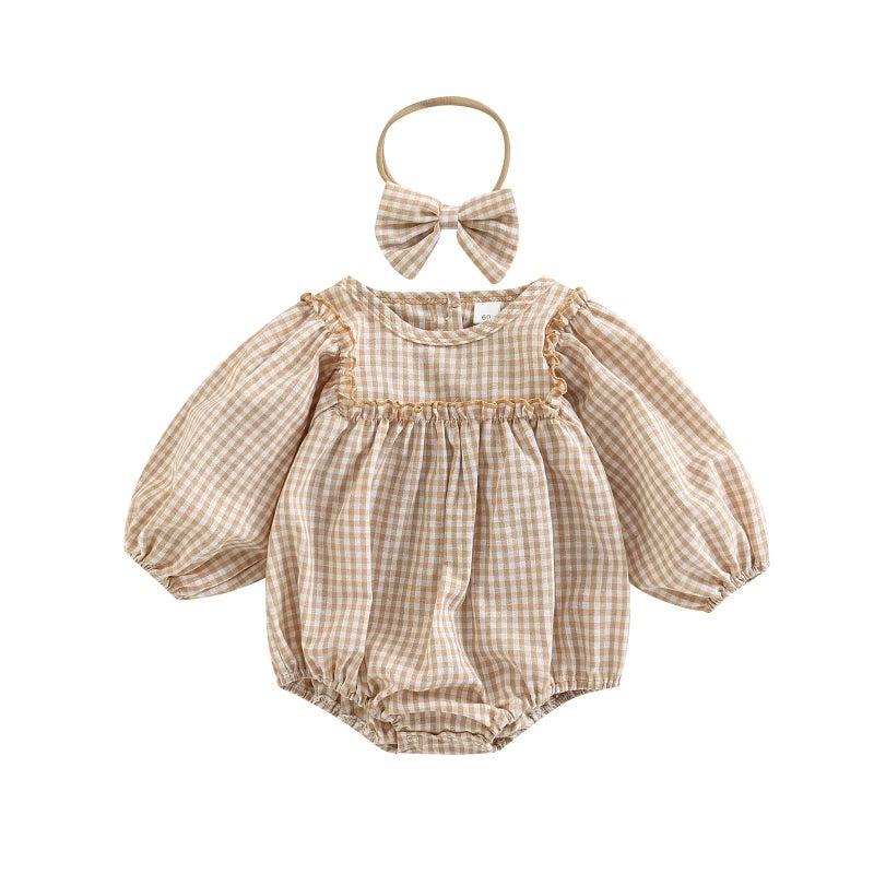 Douhoow Infant Baby Girl Plaid Romper Baby Sweatshirt Romper Ruffle Festival Clothes Fall Winter Outfits with Headband (Khaki plaid, 0-3 Months) - Image 1