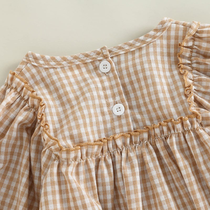 Douhoow Infant Baby Girl Plaid Romper Baby Sweatshirt Romper Ruffle Festival Clothes Fall Winter Outfits with Headband (Khaki plaid, 0-3 Months) - Image 5