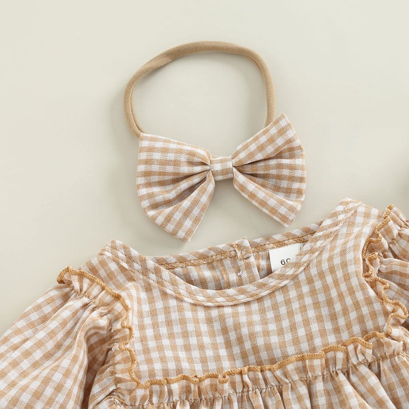 Douhoow Infant Baby Girl Plaid Romper Baby Sweatshirt Romper Ruffle Festival Clothes Fall Winter Outfits with Headband (Khaki plaid, 0-3 Months) - Image 4