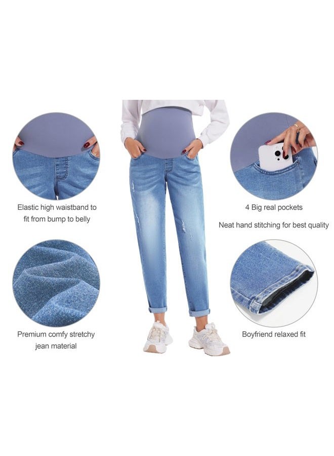 POSHGLAM Women's Maternity Jeans Over Belly Comfy Stretch Boyfriend Jeans Denim Pregnancy Pants(Blue, Large) - Image 4