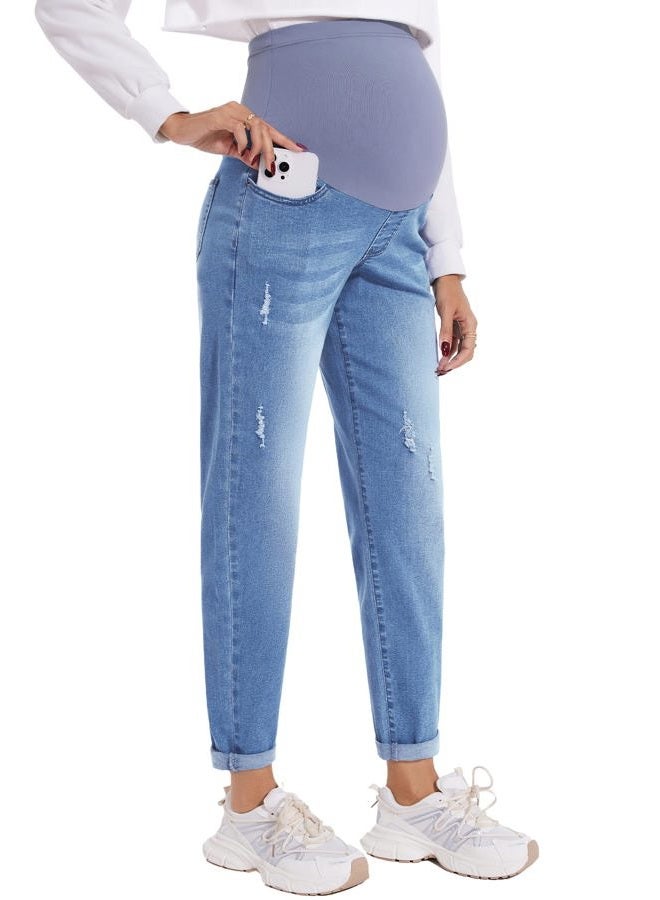 POSHGLAM Women's Maternity Jeans Over Belly Comfy Stretch Boyfriend Jeans Denim Pregnancy Pants(Blue, Large) - Image 1