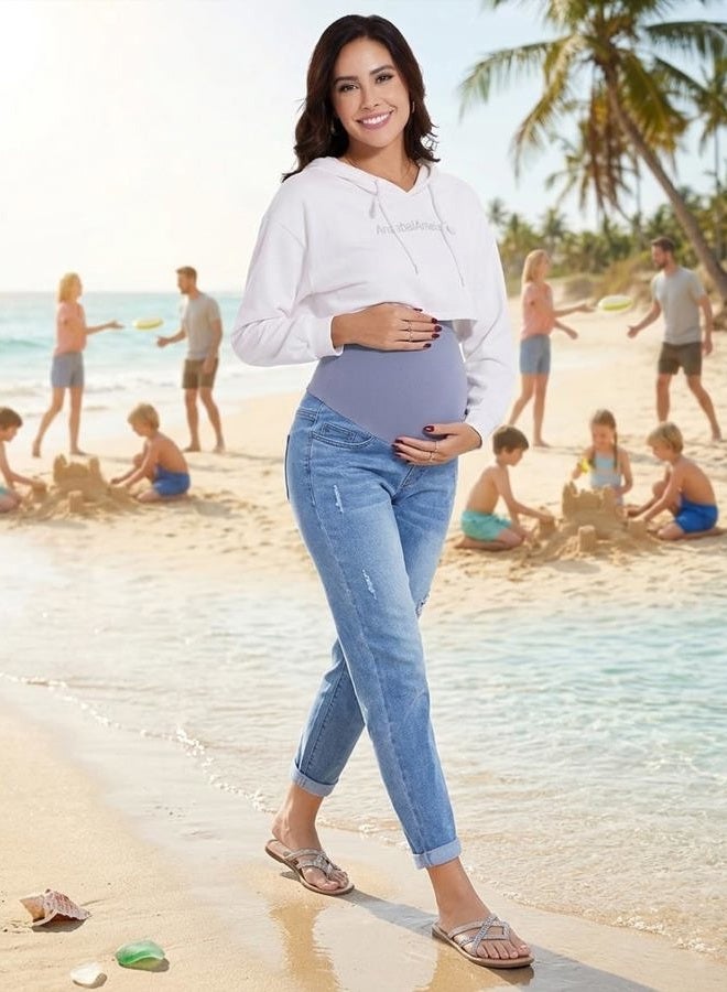 POSHGLAM Women's Maternity Jeans Over Belly Comfy Stretch Boyfriend Jeans Denim Pregnancy Pants(Blue, Large) - Image 2