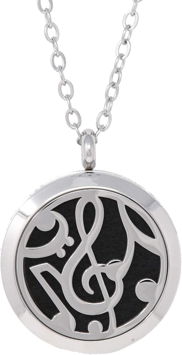 Simply Essential Solutions Aromatherapy Essential Oil Diffuser Stainless Steel 30MM Silver Magnetic Locket Pendant 2 Sizes Chain Necklace, Refill Pads & Diffuser Bracelet in a Velvet Bag (Music2) 