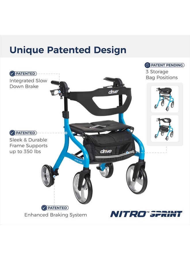 Drive Medical Nitro Sprint Foldable Rollator Walker with Seat, Standard Height Lightweight Rollator with Large Wheels, Folding Rolling Walker, Walker Rollator with Seat, Blue  - Image 2
