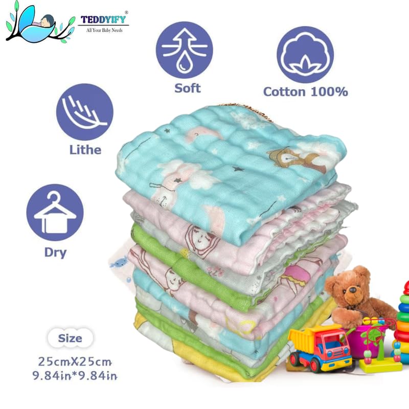 TEDDYIFY Baby Muslin Washcloths 5 Pack -100% Cotton Baby Bath Towels, Soft Baby Wash Cloths and Absorbent Burp Cloths for Newborn Kids Girls and Boys, 10x10 inches - Image 5