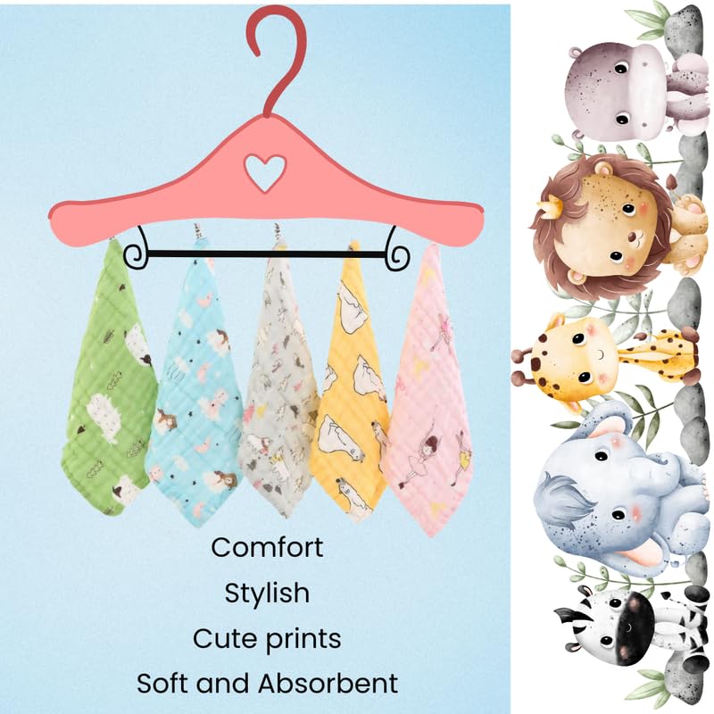 TEDDYIFY Baby Muslin Washcloths 5 Pack -100% Cotton Baby Bath Towels, Soft Baby Wash Cloths and Absorbent Burp Cloths for Newborn Kids Girls and Boys, 10x10 inches - Image 4