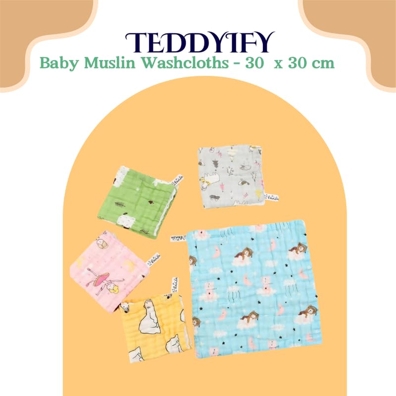 TEDDYIFY Baby Muslin Washcloths 5 Pack -100% Cotton Baby Bath Towels, Soft Baby Wash Cloths and Absorbent Burp Cloths for Newborn Kids Girls and Boys, 10x10 inches - Image 2