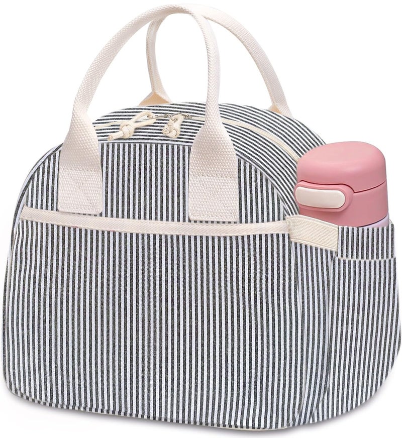Carry bloom Lunch Box for Women, Insulated Lunch Bag Cute Corduroy Lunchbag Reusable Lunchbox for Work (1 black white stripes) - Image 1
