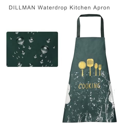 DILLMAN Women Kitchen Apron with Hand Wipe Pockets，Big Pocket,Hand-wiping, Waterproof for Cooking Baking (GREEN) - Image 3