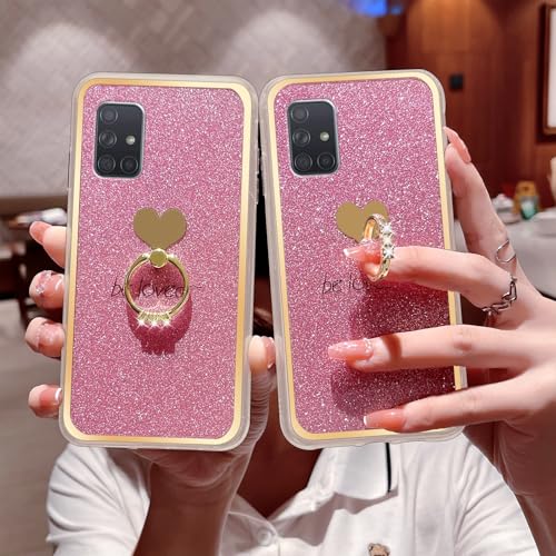 Easyscen for Samsung Galaxy A71 5G Phone Case Cute Girls Women Glitter Case with Heart Ring Stand Shockproof Protective Cover - Pink - Image 3