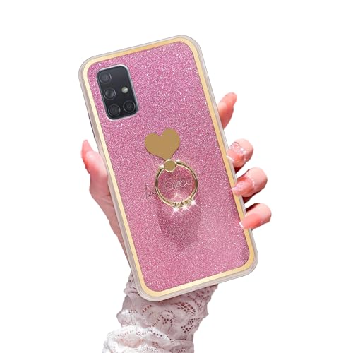 Easyscen for Samsung Galaxy A71 5G Phone Case Cute Girls Women Glitter Case with Heart Ring Stand Shockproof Protective Cover - Pink - Image 1