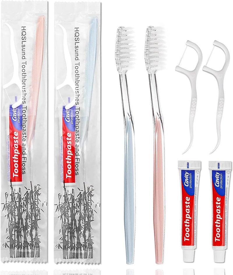 HQSLsund 50pcs Disposable Toothbrushes with Toothpaste Floss Individually Wrapped, 2 Color Disposable Toothbrush, 10g Toothpaste, Dental Floss Pick, Bulk Toothbrush Kit for Homeless,Airbnb,Hotel - Image 1