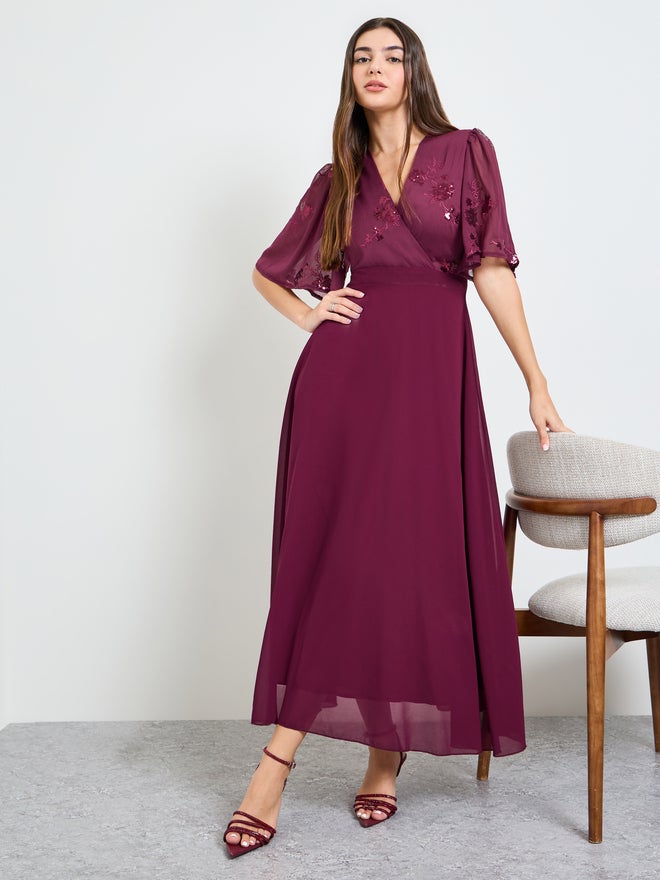 Styli Maroon Embellished Short Sleeves A-Line Maxi Dress - Image 1