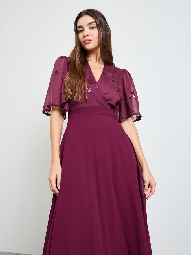 Styli Maroon Embellished Short Sleeves A-Line Maxi Dress - Image 2