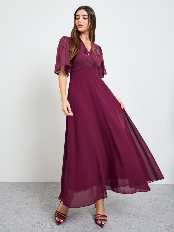 Styli Maroon Embellished Short Sleeves A-Line Maxi Dress - Image 3