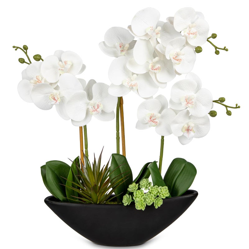 Briful Orchid Fake Flowers 17in White Artificial Orchid Silk Flowers in Black Pot Faux Orchid Arrangement for Home Office Bathroom Dining Table Modern Decoration