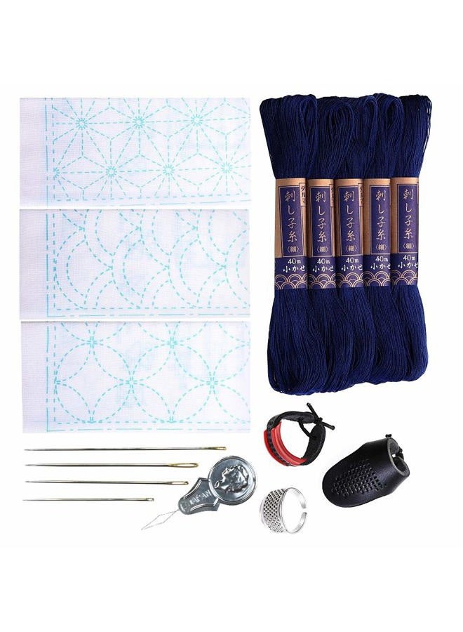Daruma Verve Joy Sashiko Kit, Sashiko Thread, Needles and Model Yume Fukin with Original English Manual, Sewing Kit, Fabric, Japanese Textile (Navy Yarn/White Tea Towel 1) - Image 1