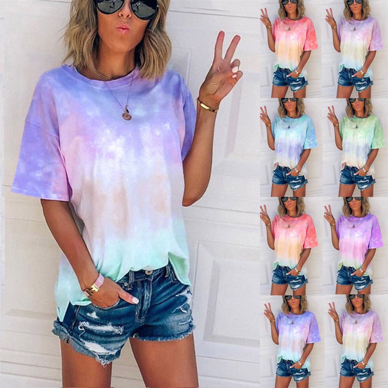 2020 wish summer new European and American cross-border tie-dye gradient printing loose T-shirt women's top Red wine XL - Image 2