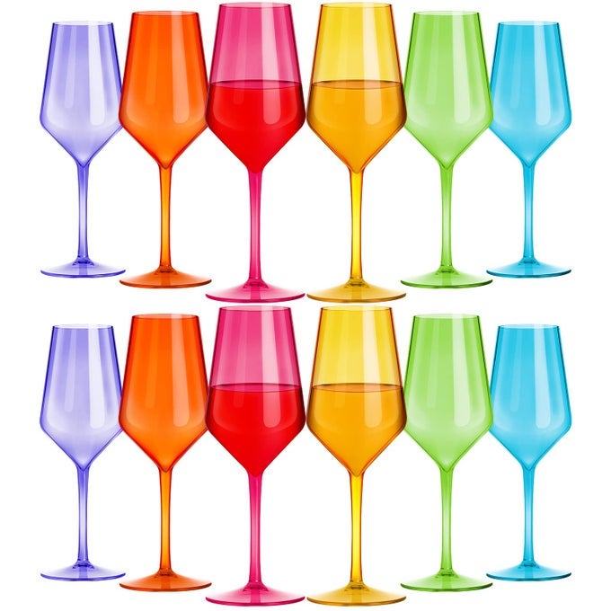 PLASTIC WINE GLASS COLORFUL PLASTIC GOBLETS STEMMED DRINKING GLASSES REUSABLE WINE GLASSES SET DRINKWARE FOR PARTY WEDDING RESTAURANT ANNIVERSARY CHRISTMAS BIRTHDAY 6 COLORS12 PIECES