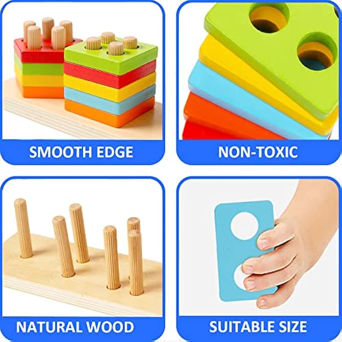 MONTESSORI WOODEN SHAPE SORTER & STACKING TOY FOR TODDLERS - COLOR RECOGNITION & EARLY LEARNING BLOCK PUZZLE FOR KIDS 1-3 YEARS OLD (5 SHAPES) - Image 4